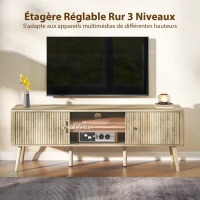 HOMCOM Meuble TV, meuble télé jusqu'à 65 pouces avec 2 portes, 2 compartiments ouverts, étagère réglable, 140x35x49cm, chêne(m-6)
