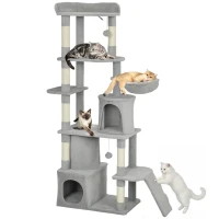 PawHut Large Cat Tree 67 in with Tunnel, 7 Posts, 3 Platforms & 2 Caves – Light Gray(m-6)