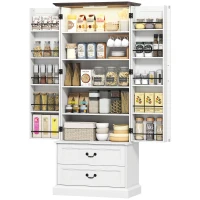 HOMCOM Buffet haut cuisine, armoire de cuisine, LED à capteur, 2 portes, tiroirs et étagères réglables, 76x39,5x183cm, blanc(m-1)