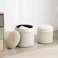 HOMCOM Lot de 2 poufs de rangement en velours, repose-pieds ronds gigognes avec couvercle amovible, Ø 36 et Ø 32 cm, crème(m-8)