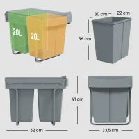 HOMCOM Cubo de Basura bajo Fregadero 2 Contenedores de Reciclaje Extraíble 2 x 20 L Deslizamiento Suave Gris(m-3)