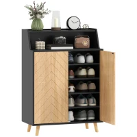 HOMCOM Zapatero Entrada Recibidor con 2 Puertas Estantes Ajustables y Compartimento Abierto 75x35x104 cm Negro y Natural(m-10)