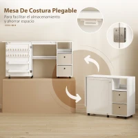 HOMCOM Mesa de Costura Plegable con 6 Ruedas 18 Clavijas para Hilos 2 Cajones de Tela y 3 Compartimentos Blanco(m-5)