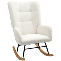HOMCOM Fauteuil à bascule en tissu effet laine bouclée avec pieds en bois massif d'hévéa pour chambre, salon, crème(m-10)