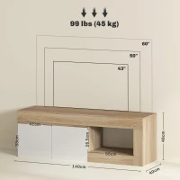 HOMCOM Mueble de TV Moderno para Salón con 2 Puertas Estante Abierto para Televisión 60 Pulgadas 140x40x48 cm Blanco y Natural(m-3)