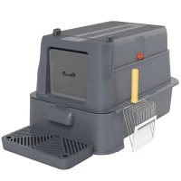 PawHut Arenero para Gatos de Acero Inoxidable XL con Tapa Abatible 180° Laterales Altos Pedal Pala Gris Oscuro(m-1)