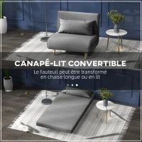 HOMCOM Fauteuil convertible 1 place, fauteuil-lit chauffeuse 3 en 1, dossier réglable, oreiller, tissu en lin, 94x78x80cm, gris(m-4)
