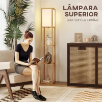 HOMCOM Lámpara de Pie con Estantes de Almacenaje Bombilla E27 para Salón Dormitorio Oficina Natural(m-6)
