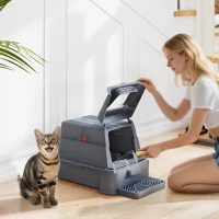 PawHut Arenero para Gatos de Acero Inoxidable XL con Tapa Abatible 180° Laterales Altos Pedal Pala Gris Oscuro(m-2)