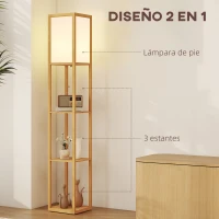 HOMCOM Lámpara de Pie con Estantes de Almacenaje Bombilla E27 para Salón Dormitorio Oficina Natural(m-4)