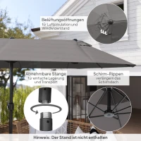 Outsunny Doppelsonnenschirm 455 x 265 cm, UV Schutz Sonnenschirm mit Handkurbel, Balkonschirm windfest Kurbelschirm Sonnenschutz für Balkon Garten, Grau(m-6)