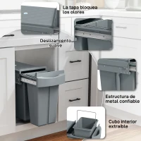 HOMCOM Cubo de Basura bajo Fregadero 2 Contenedores de Reciclaje Extraíble 20L+10L Deslizamiento Suave Gris(m-6)