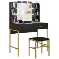 HOMCOM Coiffeuse avec miroir et éclairage intégré, tabouret rembourré, 2 tiroirs, étagères, coiffeuse moderne, noir(m-10)