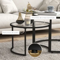HOMCOM Juego de 2 Mesas Nido Mesas de Centro Redondas Tablero de Cristal Templado Marco de Acero Negro y Transparente(m-6)