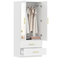 HOMCOM Armario Ropero con Espejo 2 Puertas y 2 Cajones Relieve de Diamante Barra para Colgar 80x50x180 cm Blanco(m-10)