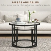 HOMCOM Juego de 2 Mesas Nido Mesas de Centro Redondas Tablero de Cristal Templado Marco de Acero Negro y Transparente(m-4)