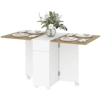 HOMCOM Table à manger pliable pour 6 personnes, table de cuisine sur roulettes avec 2 tiroirs 2 placards, 140x76x74cm, blanc(m-1)