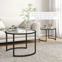 HOMCOM Juego de 2 Mesas Nido Mesas de Centro Redondas Tablero de Cristal Templado Marco de Acero Negro y Transparente(m-5)