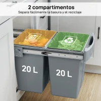 HOMCOM Cubo de Basura bajo Fregadero 2 Contenedores de Reciclaje Extraíble 2 x 20 L Deslizamiento Suave Gris(m-5)