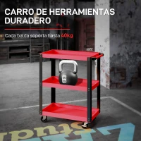 HOMCOM Carro de Herramientas con 3 Estantes Ruedas y Asas para Garaje Mecánico Hogar Carga 120 kg Rojo y Negro(m-4)