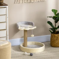 PawHut Árbol Rascador para Gatos Altura 44 cm Torre de Escalada con 2 Camas Poste de Yute, Juguete Colgante Gris Claro(m-7)