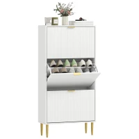HOMCOM Meuble à chaussures 18 paires avec 3 tiroirs rabattables, portes cannelées et étagères réglables, 60x24x128cm, blanc(m-10)