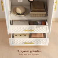 HOMCOM Armario Ropero con Espejo 2 Puertas y 2 Cajones Relieve de Diamante Barra para Colgar 80x50x180 cm Blanco(m-5)