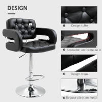 HOMCOM Tabouret de bar pivotant chaise de bar réglable en hauteur avec dossier repose-pieds et accoudoirs 61x50x94-114cm noir(m-7)