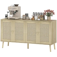 HOMCOM Sideboard mit Geflecht-Türen & verstellbaren Böden, 140 x 40 x 75 cm, Naturholzoptik(m-6)