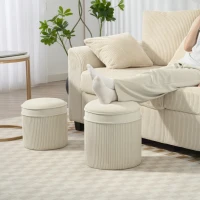 HOMCOM Lot de 2 poufs de rangement en velours, repose-pieds ronds gigognes avec couvercle amovible, Ø 36 et Ø 32 cm, crème(m-7)