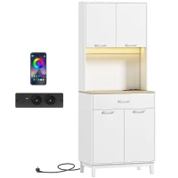 HOMCOM Alacena de Cocina con Luces LED Estación de Carga 4 Puertas Cajón Encimera Abierta 71x40x180 cm Blanco(m-1)