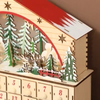 HOMCOM Calendrier de l'Avent lumineux, calendrier de l'Avent à remplir, 24 tiroirs, scène de village, 36x10x34cm, bois naturel(m-8)