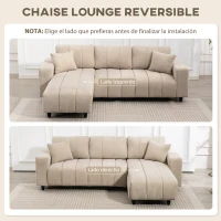 HOMCOM Sofá Chaise Longue Reversible de 3 Plazas 2 Almohadas Tapizado en Lino Marco de Acero 242x156x87 cm Beige(m-4)