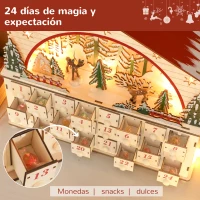 HOMCOM Calendario de Adviento para Rellenar de Madera con Luces LED 24 Cajones y Escena de Pueblo 36x10x34 cm Natural(m-5)