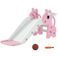 AIYAPLAY Scivolo bambini 3-in-1 a forma di giraffa con canestro e pallone, 106×51,5×52 cm, Rosa(m-7)