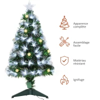 HOMCOM Sapin de Noël Artificiel Lumineux 90H cm Fibre Optique LED + 14 Ampoules + Support Pied 90 Branches étoile Sommet Brillante Vert(m-4)