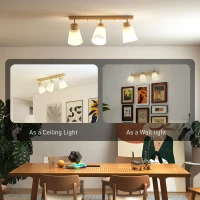 HOMCOM Lampadario da Soffitto con 3 Punti Luce Regolabili a 90° e Attacchi E27, Colore Legno(m-6)