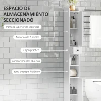 HOMCOM Columna de Baño con 2 Puertas Compartimento Abierto Estantes Ajustables y Portarrollos 20x20x185 cm Blanco(m-4)