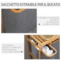 HOMCOM Cesto Portabiancheria con 3 Scomparti in Tessuto e Bambù, 50x32x69.7cm(m-5)