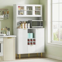 HOMCOM Alacena de Cocina Moderna con Armarios Cajón Botellero y Puertas de Vidrio y Estantes Ajustables 100x40x180 cm Blanco(m-2)