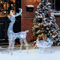 Outsunny Lighted Christmas Reindeer with Sleigh, Outdoor Yard Reindeer with 170 Warm White LED Lights, Holiday Decor with Stakes, Waterproof, Silver(m-7)
