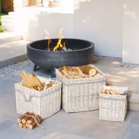 Outsunny Set of 3 Log Baskets for Wood Burner Indoor, Storage Basket with Lining and Rope Handles, Wicker Basket for Fireside Storage, Blankets, Beige(m-2)