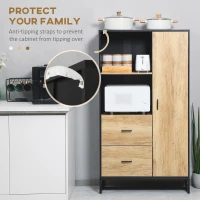 HOMCOM Kitchen Storage Cabinet – 2 Drawers, 2 Open Compartments, Adjustable Shelves, 88x35x160 cm (Black/Natural)(m-4)