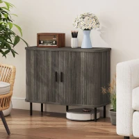HOMCOM Mid-Century Modern Sideboard Storage Cabinet with Slatted Tambour Sliding Doors, Kitchen Cabinet with Steel Legs, Grey(m-10)