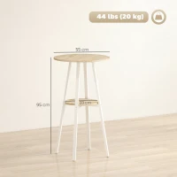 HOMCOM Mesa Alta de Cozinha Redonda com Prateleira de Armazenamento  para 2 Pessoas com Estrutura de Metal 55x55x95 cm Madeira e Branco(m-3)