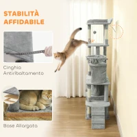 PawHut Albero Tiragraffi per Gatti con 2 Casette, Amaca, Tunnel, e Lettino, Pali in Sisal, 60x40x170 cm, Grigio(m-9)