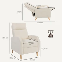 HOMCOM Poltrona Relax Reclinável Manual Estofada em Linho Sintético com Apoio para os Pés e Bolso Lateral 68x90x106 cm Creme(m-3)