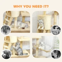 PawHut Árbol Rascador para Gatos Altura 134 cm con 6 Postes 3 Plataformas Cueva Hamaca Escalera 4 Juguetes Colgantes Beige(m-4)