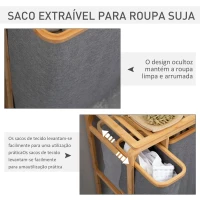 HOMCOM Cesto de Roupa de Bambu com 3 Bolsas de Tecido Amovíveis e Prateleira Aberta 50x32x69,7cm Cinza e Madeira(m-5)