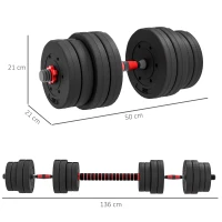 HOMCOM Juego de Mancuernas Ajustables 30 kg 2 en 1 con Barras Conexión y Mangos Antideslizantes para Gimnasio en Casa Negro(m-3)